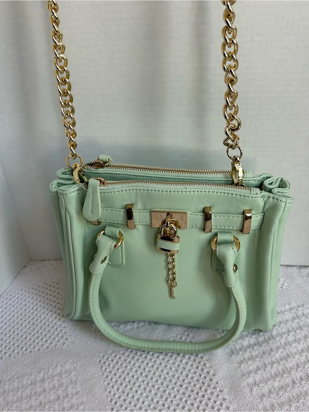 ALDO Retro Mint Green Purse Faux-Leather Satchel Crossbody Bag-Gold Accents